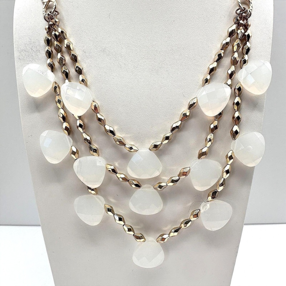 Vintage Y2K Multi Stand Gold Tone Statement Necklace White Faux Moonstone Beaded